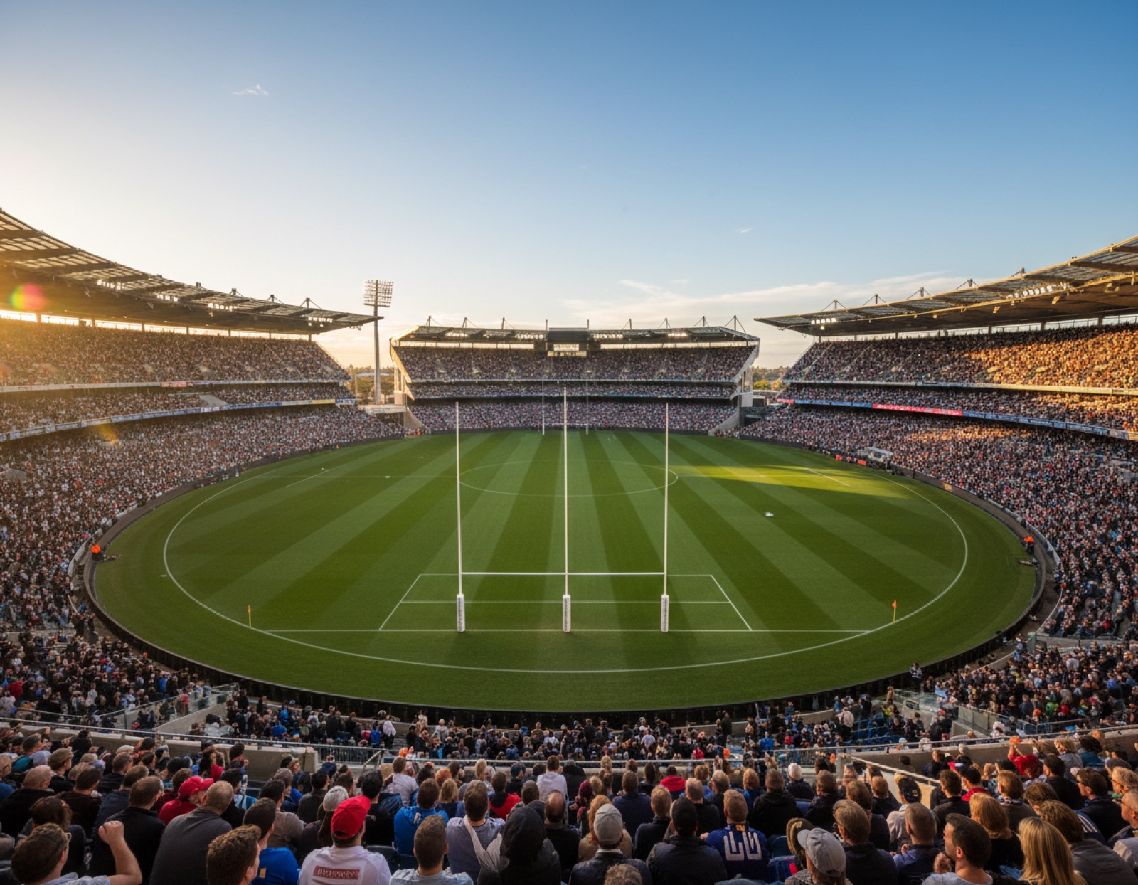 A packed Australian football stadium at sunset, seen from high in the stands